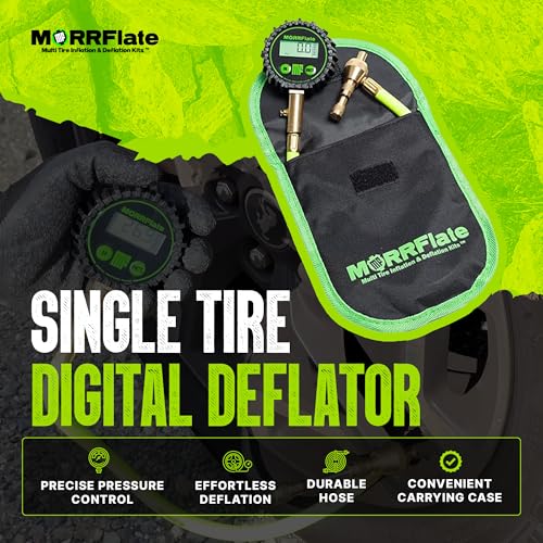 Image of MORRFlate Single Tire Deflator | Rapid Air Deflator with 1-150 PSI Digital Gauge | Includes Purge Valve, 16 Inch Hose, and Rip Away Molle Panel Carrying Case