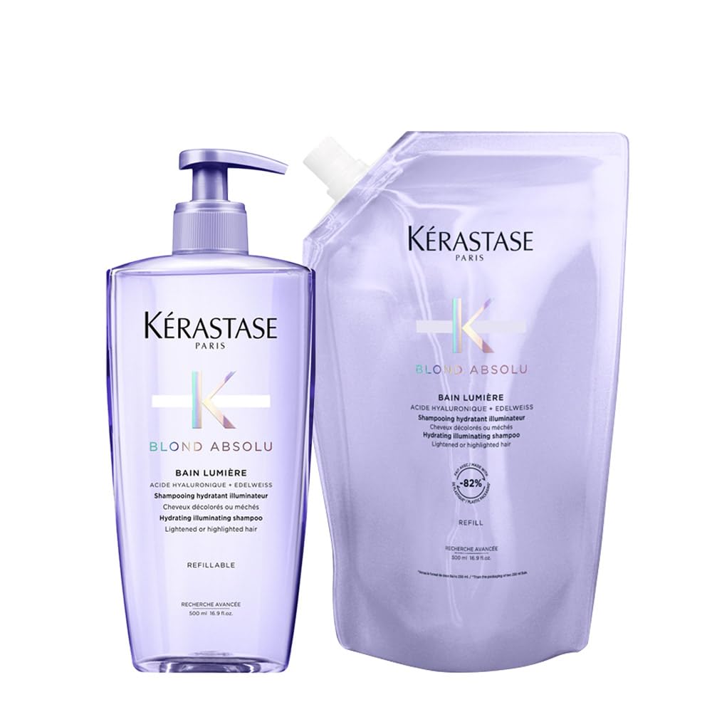 Kérastase Blond Absolu Bain Lumière - Recambio de champú hidratante para cabello rubio/rubio, incluye Blond Absolu Bain Lumière 500 ml en dispensador y recambio de 500 ml