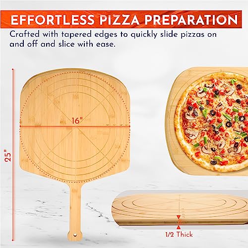 Image of Wooden Pizza Peel 16 Inch Board with Engraved Sizes - Multi-Purpose Bamboo Pizza Cutting Board, Wood Pizza Peel, Pizza Spatula Paddle, and Serving Board with Size and Cutting Guide