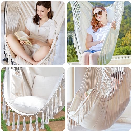 Pnaeut Hammock Swing Hanging Chair With Handmade Tassels, Max 550 Lbs, Large Macrame Hanging Chair With Pocket, Cotton Weave For Superior Comfort thumb #1