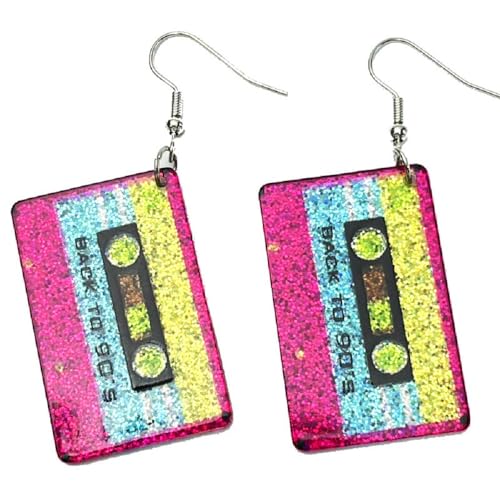 80s Neon Earrings for Women Colorful Cassette Tape Acrylic Drop Earrings Retro Glitter Radio Dangle Earrings for 80's Outfit Party Accessories