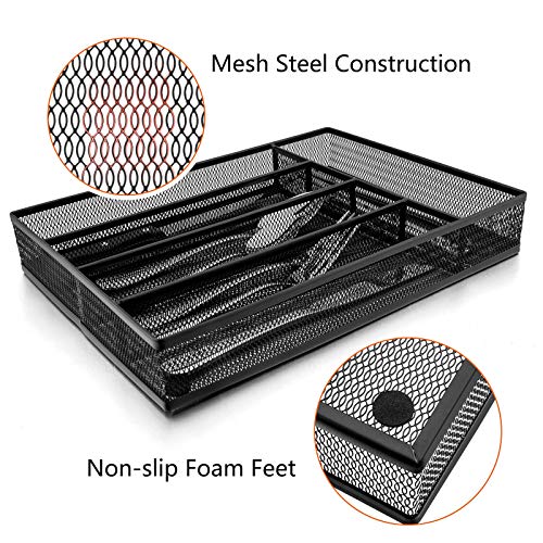 E-far Silverware Drawer Organizer, Mesh Wire Utensil Tray Drawer Organizer for Kitchen, Black Narrow Metal Flatware Cutlery Holder/Divider, 5 Compartment & Small Size - 12.5 x 9.25-Inch