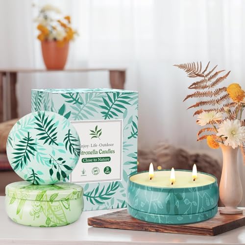 Citronella Kerze Outdoor Groß, 36OZ Zitronella Kerzen Draußen, Outdoor Kerzen Zitrone Garten mit 3 Docht Natürliche Sojawachs Kerzen Set für Garten Camping Terrasse Picknick Pool Sommergeschenk