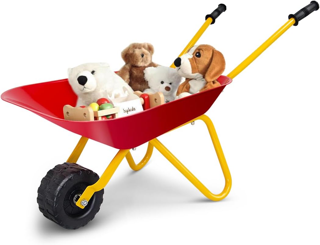 HOMGX Toddler Wheelbarrow, Outdoor Toy Wheelbarrow for Kids 2-5, Steel Tray and Rubber Hand Grips, Durable Metal Construction Childrens Barrow, Kids Wheelbarrow for Garden (Red)