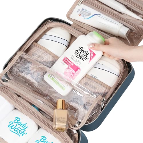 Image of NISHEL Travel Toiletry Bag for women, Portable Hanging Organizer for Family-Sized Shampoo, Conditioner, Brushes Set, Makeup Accessories, Extra Large Size, Lake-Blue