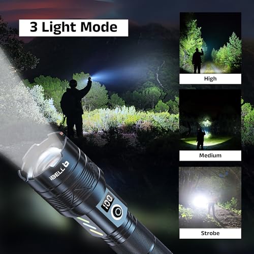 Image of IBELL FL8498S Torch, High Power Rechargeable LED Torch Light, Long Range Flashlight with LCD Power Display & Zoom Focus, Heavy-Duty Build for Outdoor & Emergency Use (Black)