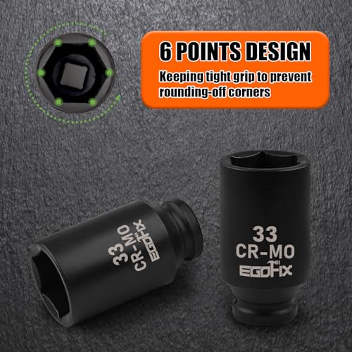 Image of 1 /2 inch Drive Deep Impact Socket, 33mm Metric Socket, Axle Nut Socket CR-MO 6 Point for Easy Removal of Axle Shaft Nuts