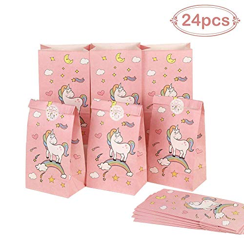Aparty4u 24pcs Unicorn Party Bags con Thank You Stickers, Unicorn Paper Gift Bags para Kids Party Baby Shower Unicorn Party Supplies (Rosa, 8.7 "x 4.7" x 3.2 ")
