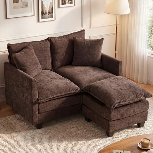 Image of 50'' L-Shape Loveseat Sofa with 22 inch Ottoman, 2 Seat Modern Cloud Couch with 2 Washable Pillows for Small Space Apartment Office Living Room Bedroom, Brown