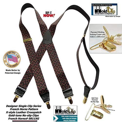 HoldUp Brand French Horn Pattern 1 1/2\" X-back Designer Series Suspenders with No-slip Gold-tone Clips - Thumbnail 3