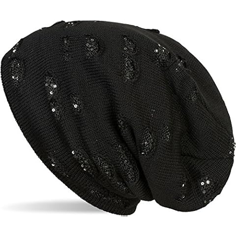 styleBREAKER Warm Knit Beanie in Destroyed Sequined Look and Soft Fleece Lining, Slouch Long Beanie, Ladies 04024127, Color:Black Cover