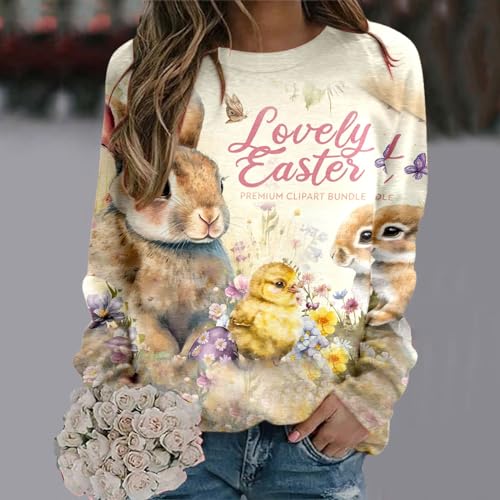 Sweatshirt femme pull ajusté manches longues imprimé Pâques beige