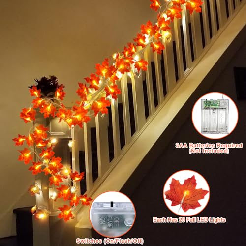 Image of 4 Pack Fall Decor Fall Garland with Lights Fall Decorations for Home, Total 40Ft 80LED Enlarged Maples Leaves Fall Lights Battery Operated Autumn Halloween Thanksgiving Decor Indoor Outdoor Christmas
