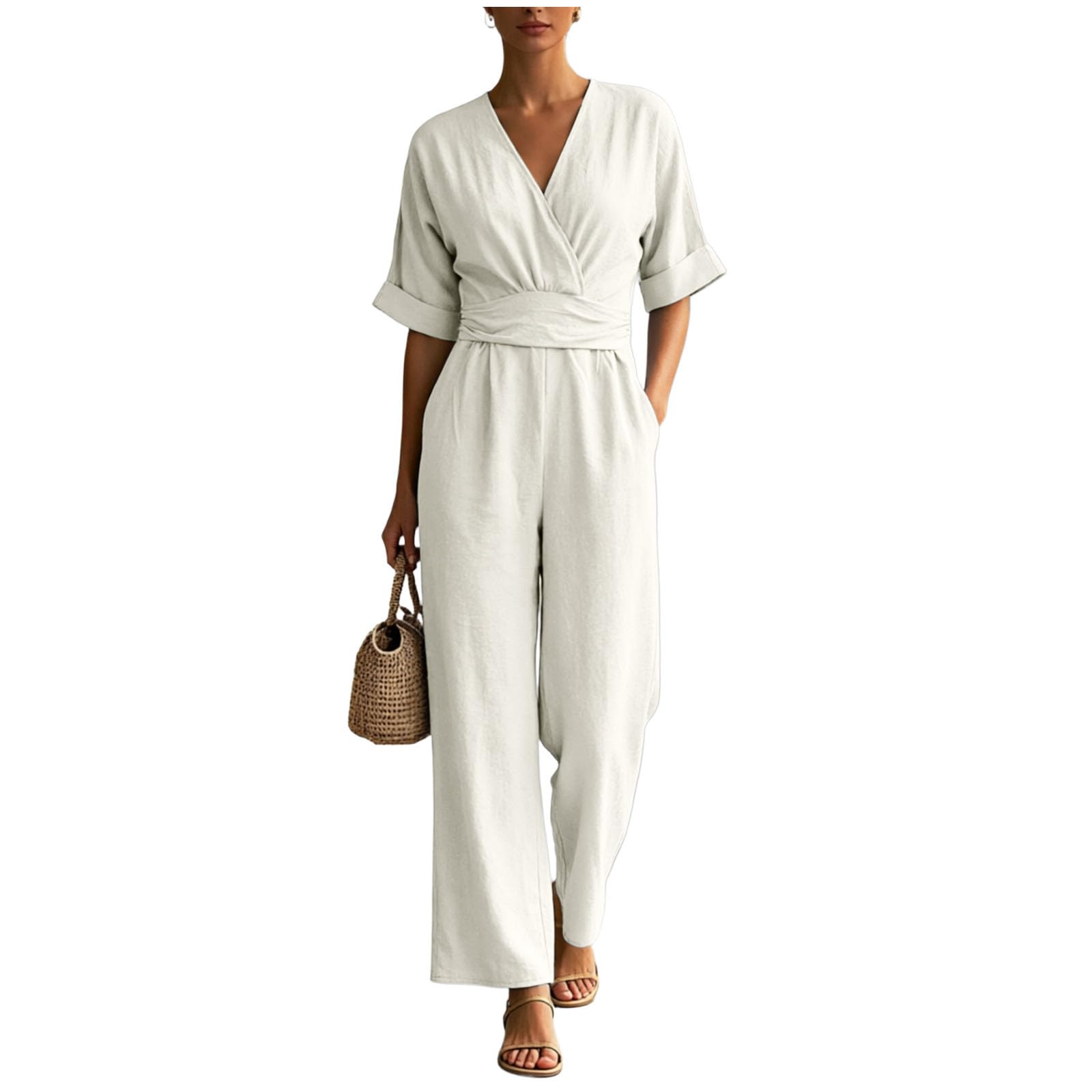 Genérico Mono Elegante De Verano Para Mujer, Pierna Ancha Con Cuello En V, Estilo Ejecutivo Versátil, Ideal Para Bodas, Recepciones Y Uso Diario, También Perfecto Pantalones De