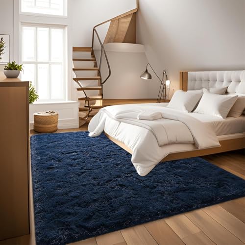 Image of Carpet for Hallway, Kitchen, and Modern InteriorsCarpetCozy Shag Runner for Living Room, Bedroom & Office Decor ETC Size 4x6 feet, Patten-Solid Blue
