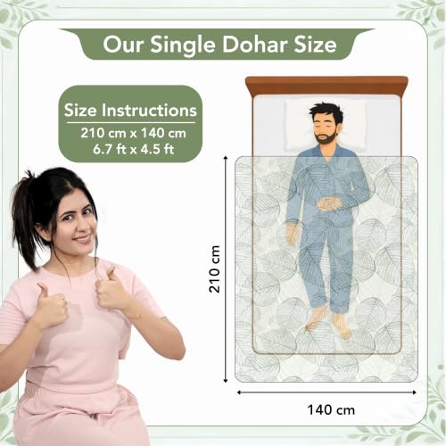Image of Divine Casa 120 GSM Glace Cotton Single Bed Dohar | Lightweight AC Blanket | Reversible Leaf Print Quilt | 210 x 140 CM, Garden Green
