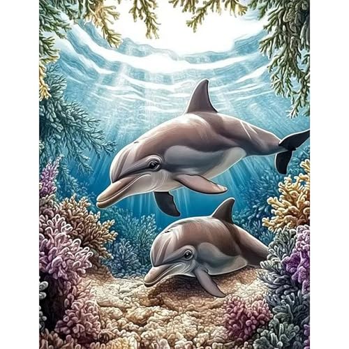 Peinture diamant carrée GLIDIAM 40x50 cm motif dauphin pour broderie mosaïque adulte