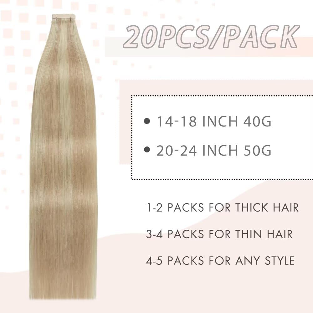 YDDM Extensiones adhesivas de pelo real, 20 unidades, 35 cm, 40 g, rubio ceniza con rubio blanqueador, rubio oscuro, extensiones de pelo rubio oscuro, extensiones de pelo de color rubio oscuro (14 — view 2