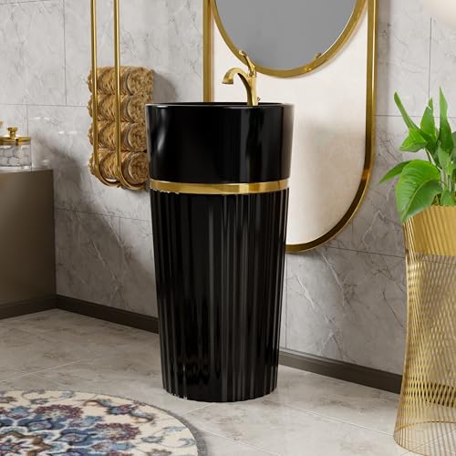 Image of BASSINO 18x18x33 Inches Ceramic Pedestal Wash Basin /7 Years Warranty /One Piece Free Standing Basin For Bathroom /Living Room /Salons /Round Modern Sink /Floor Mounted Washbasin(Glossy Black & Gold)