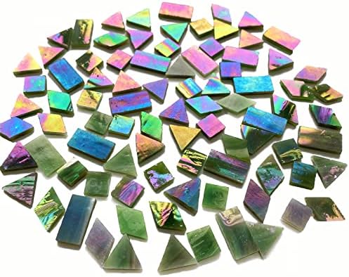 KALUCION Magic Iridescent Grass Green Stained Glass Mosaic Tiles, 280 Pieces Mixed 4 Shapes Stained Glasss Supplies for Mosaic Crafts