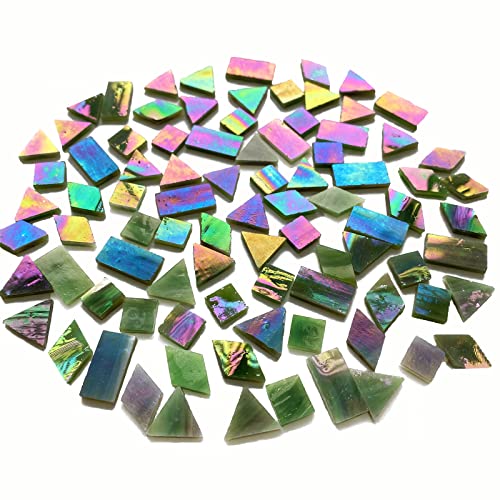 Kalucion Magic Iridescent Grass Green Stained Glass Mosaic Tiles, 280 Pieces Mixed 4 Shapes Stained Glasss Supplies For Mosaic Crafts #TOP6