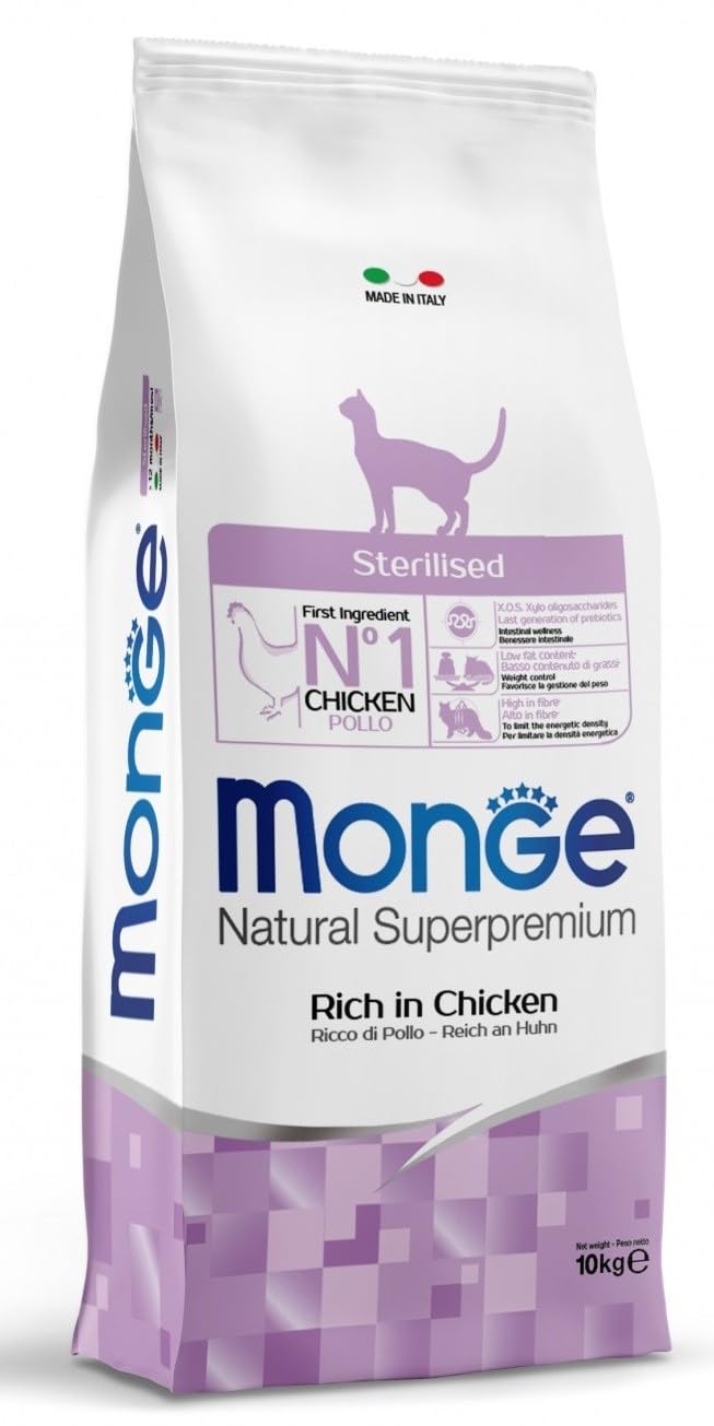 Monge Gatto Natural Superpremium Sterilised Adult Pollo 10kg, alimento secco completo per gatti adulti sterilizzati di tutte le razze, gusto POLLO, 10kg.