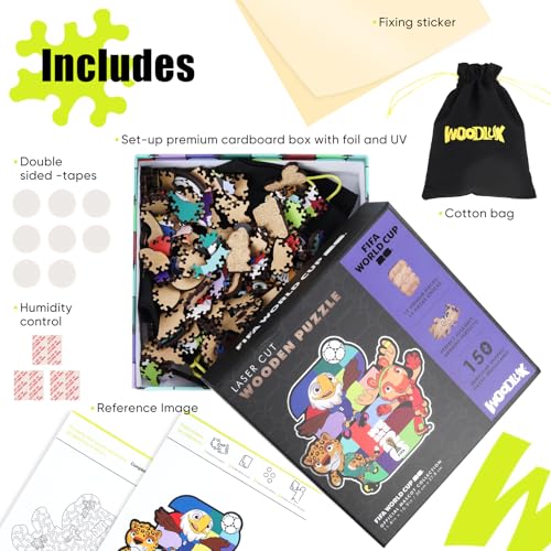 Image of FIFA World Cup 2026 Mascot Wooden Jigsaw Puzzle for Kids & Adults, USA - Canada - Mexico Mascot 150 Pieces, Unique Shape Puzzle, Officially Licensed, Sports Gift for Fans, 5MM Thick