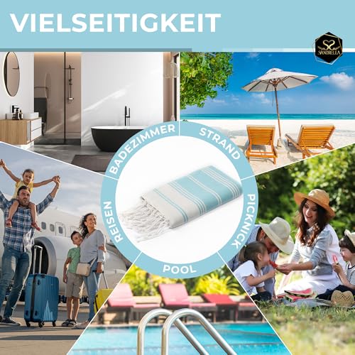 Sandrella Hamamtuch Sauna Damen & Herren groß 100x200 Baumwolle Strandtuch Decke Pestemal Geschenkset | türkis