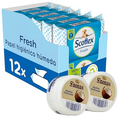 Scottex Papel Higiénico Húmedo Fresh (12 paquetes x 128 servicios) + Vaselina Snonas Coco (2 unidades)