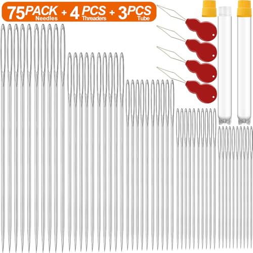 Image of 75 Pack Premium Large Eye Needles for Hand Sewing with 4 Needle Threaders, Assorted Sizes, Embroidery Needles for Hand Sewing, Sewing Needles Large Eye, Big Eye Needle
