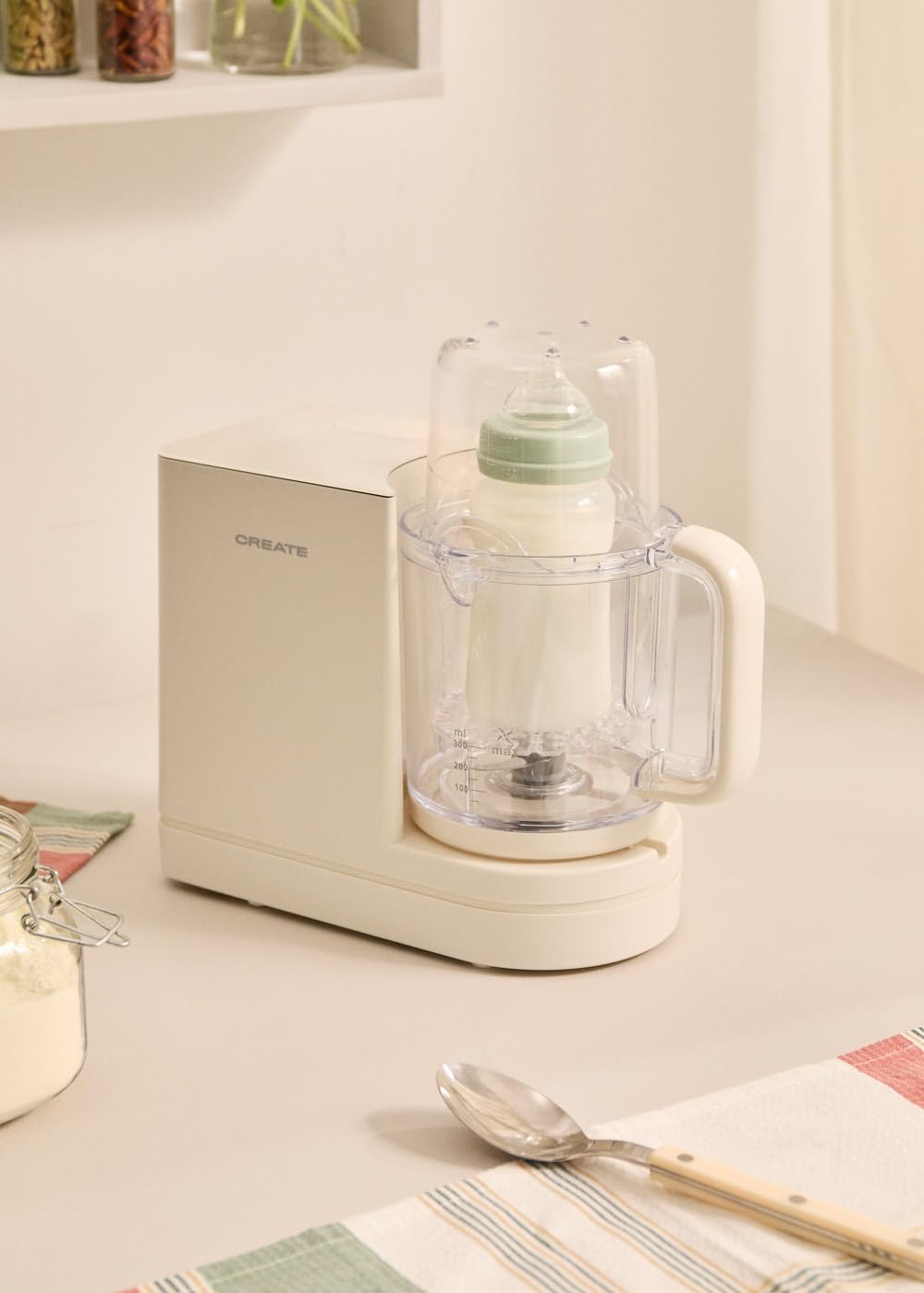 CREATE/BABY CHEFBOT/Robot de cocina esterilizador multifunción para bebés blanco roto/Libre de BPA, 6 funciones, programable, doble altura para biberones, 700W