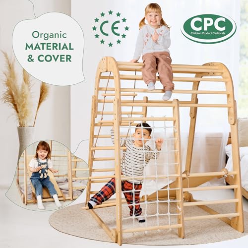 Image of Goodevas Wooden Kids Climbing Frame Indoor - Montessori Playground with Slide, Climbing Wall & Rope Ladder - Enhanced Montessori Gym for Children Ages 3 to 8