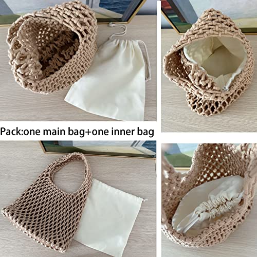 Image of Mini Clutch Handbag Fishing Net Bucket Bag Cotton Rope Crochet Drawstring Woven Beach Bag Small Tote for Women Girls