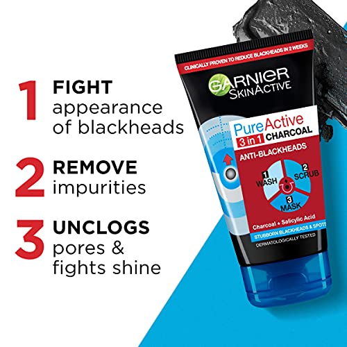 Garnier-Pure-Active-3in1-Charcoal-Anti-Blackhead-Mask-Wash-Scrub-for-Oily-Spot-Prone-Skin-Enriched-with-Salicylic-Acid-to-Purify-Unclog-Pores-and-Mattify-150ml