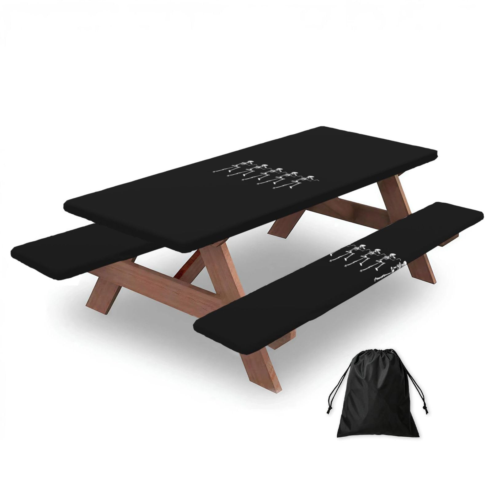 PPHGUT Halloween Posable Skeleton Skull Print Picnic Table Bench Cover Set Outdoor Garden Bbq Protector For Family Camping