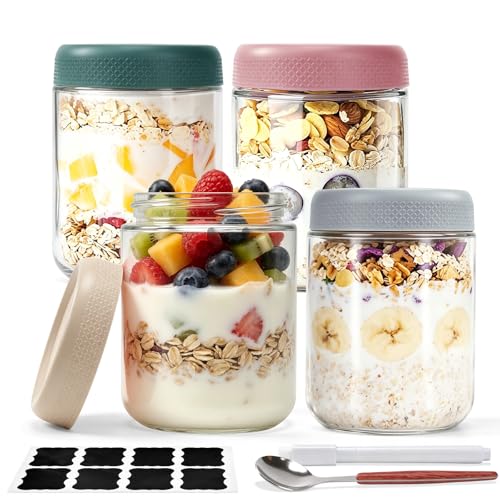 Overnight Oats Jars With Lids 4 Pack 500ml/16oz Glass Overnight Oats Container With Spoon and Erasable Pen Wide Mouth Mason Jars Food Storage Container for Homemade Yogurt Oatmeal Salad Jam Pudding