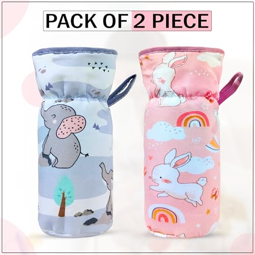 Image of GLUN Printed Baby Feeding Bottle Pouch with Lanyard Pack of 2, Cushioned Cotton Pouch, Keep Warm Baby Drinks, Glass, Plastic Insulator Bottle Protector