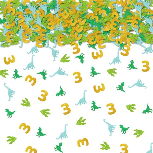 Image of 100pcs Dinosaur 3rd Birthday Confetti, Dino Three Table Confetti, Jungle Animal Paper Scatters for 3rd Anniversary Party Table Decoration