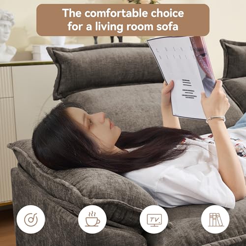 Image of 103'' Cloud Modern 3 Seater Couch with Detachable Headrest, Modular Sectional Sofa with Ottomant, Oversized L Shape Chenille Comfy Sofa with Armrests for Living Room, Brown
