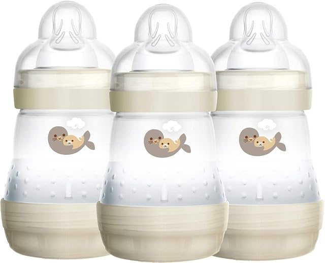 MAM Easy Start Self Sterilising Anti-Colic Baby Bottle 3 Pack (3 x160 ml) with Slow Flow MAM Teats Size 1, Newborn Essentials, White (Designs May Vary)