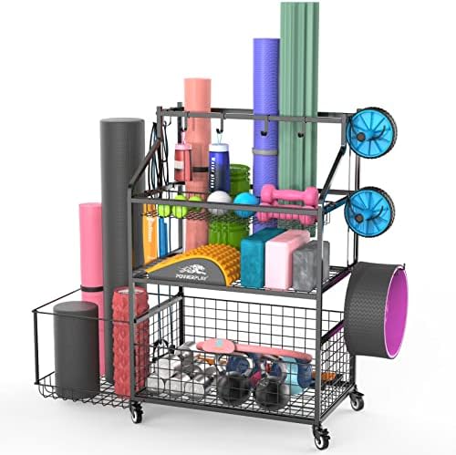 Home Gym Storage, Bergfore Yoga Mat Storage Racks, Gym Rack Organizer for Dumbbells Kettlebells Foam Roller, Yoga Strap and Resistance Band, Workout Equipment Storage Organizer with Wheels and Hooks