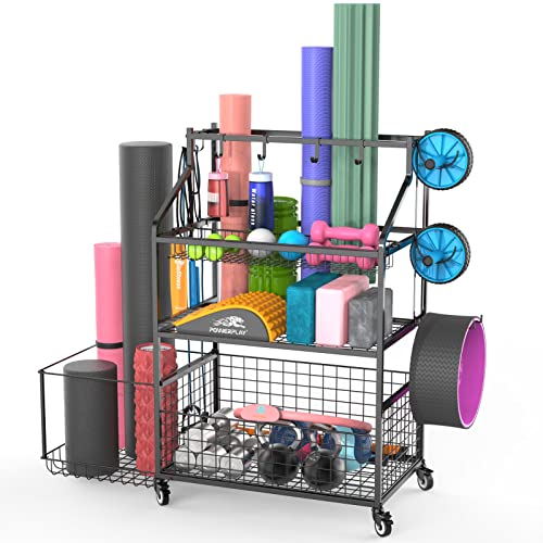 Home Gym Storage, Bergfore Yoga Mat Storage Racks, Gym Rack Organizer For Dumbbells Kettlebells Foam Roller, Yoga Strap And Resistance Band, Workout Equipment Storage Organizer With Wheels And Hooks #TOP2