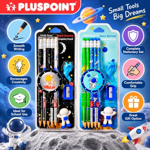 Image of PLUSPOINT 26 Pcs Space Theme 20 Pencils for Kids with 2 erasers 2 sharpeners 2 Grips Astronaut Space Design Perfect for Birthday Classroom and School Supply