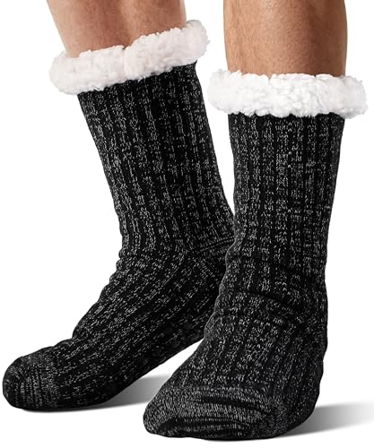SAVALOS Men Fuzzy Slipper Socks Winter Thick Warm Fluffy Cozy Comfy Fleece Soft Cabin Non Slip Stocking Stuffers Home Grip Socks(Black,L)