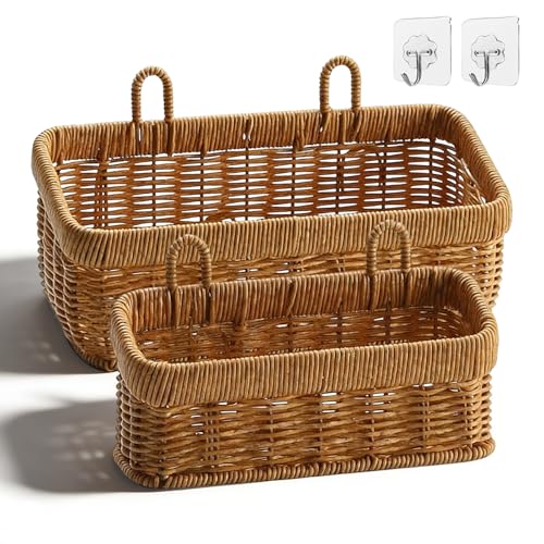 2 Stück Aufbewahrungskorb Geflochten Wandkorb Aufbewahrungskörbe Handgewebt Imitation Rattan Regalkorb Organisation für Küche Wohnzimmern Badezimmer