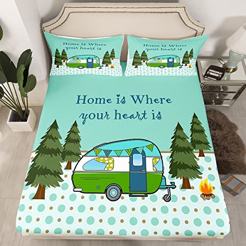 Camping Themed Bedding for Family Boys Girls Happy Camping Fitted Sheet Queen Size, Green Polka Dots Print Bed Sheets Rustic Garden Theme Bed Set for Teens Women Camper Bedding Set 3 Pcs
