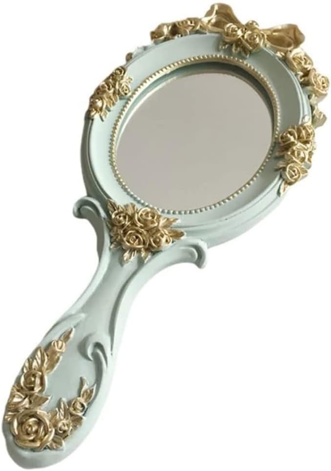 KANDUO Handheld Mirror Vanity Makeup Mirror Travel Princess Metal Cosmetic Mirror Portable Oval Embossed Rose Mirrors(White)
