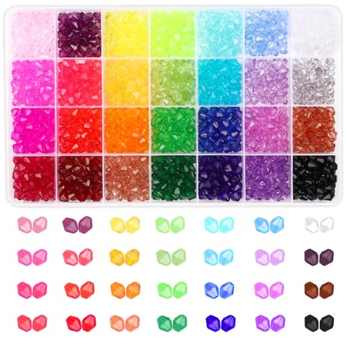 PAXCOO 1120Pcs Crystal Acrylic Bicone Beads for Jewelry Making, 28 Colors, 8 MM
