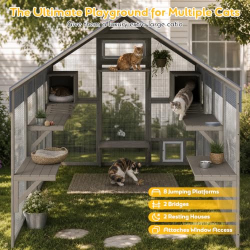 Image of Extra Large Catio Outdoor Cat Enclosure Waterproof, Walk-in Outdoor Pet House for Multiple Cats, Catio Cat Run Cage with Bridges, Weatherproof Full Cover, 8 Platforms, 2 Resting Box