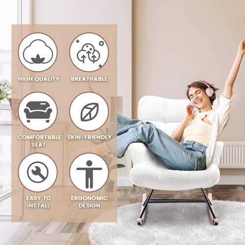 Image of SAETSFEG Rocking Chair Nursery Teddy Upholstered Glider Rocker Rocking Accent Chair Padded Seat with High Backrest Armchair Comfy Side Chair for Living Room Bedroom Offices (White Teddy)